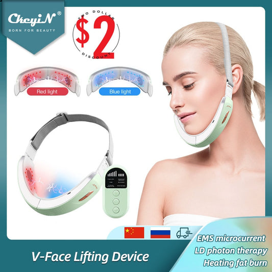CkeyiN Chin V-Line Up Lift Belt Machine Blue LED Photon Therapy EMS Face Lifting Slimming Vibration Massager Double Chin Reducer